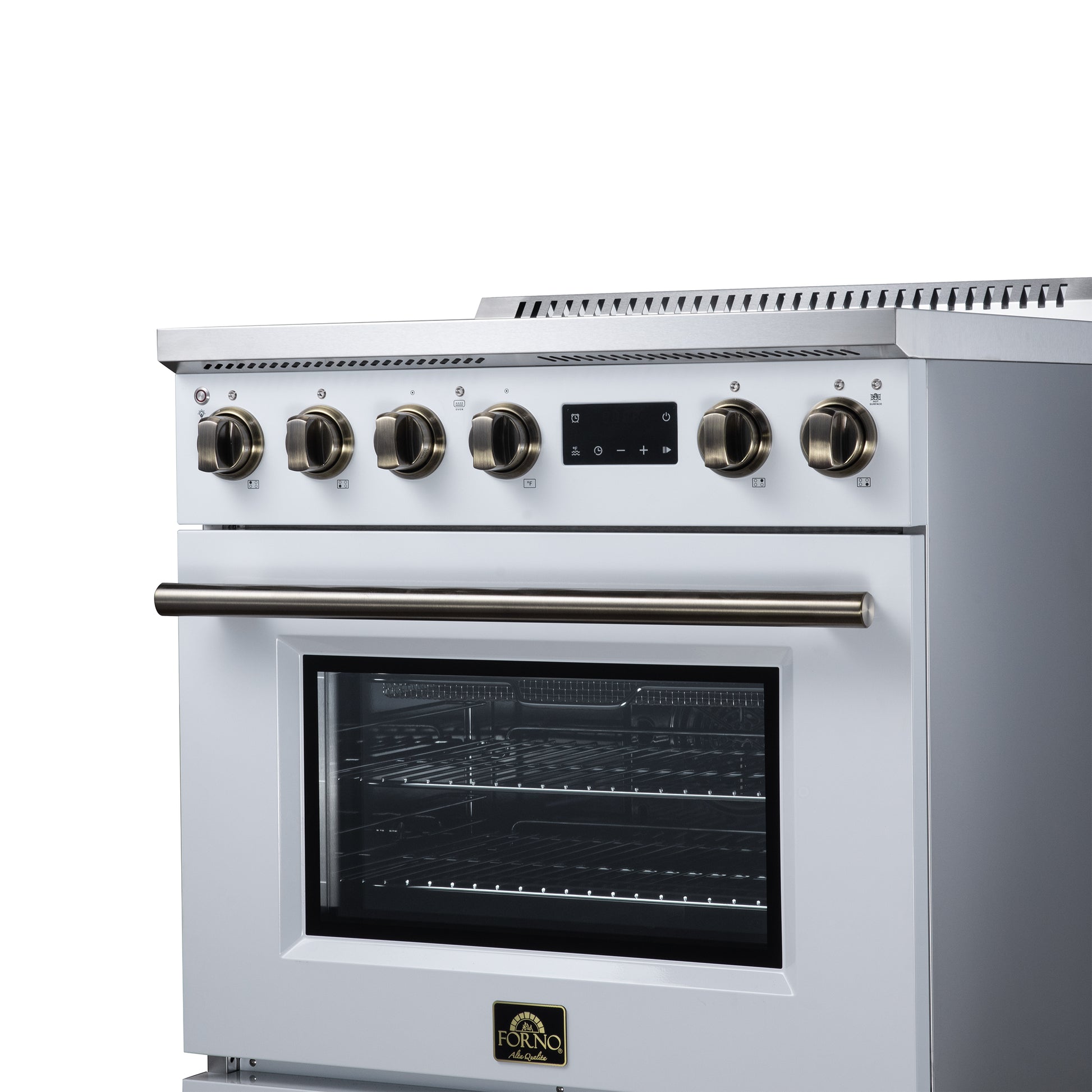 Torino 30 Inch Induction Range, 8,800W cooktop, 4.32 cf. True Convection Oven, Air Fry, Air Sous Vide, Smudge Resistant, White - Forno Appliances