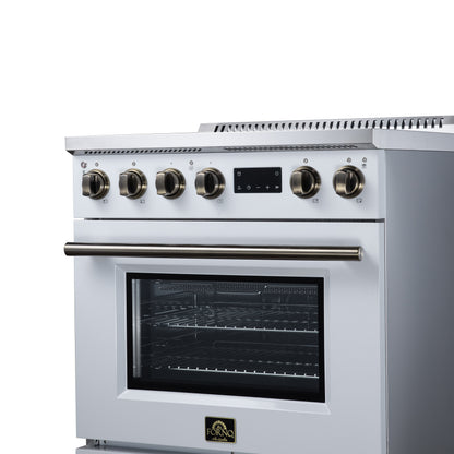 Torino 30 Inch Induction Range, 8,800W cooktop, 4.32 cf. True Convection Oven, Air Fry, Air Sous Vide, Smudge Resistant, White - Forno Appliances