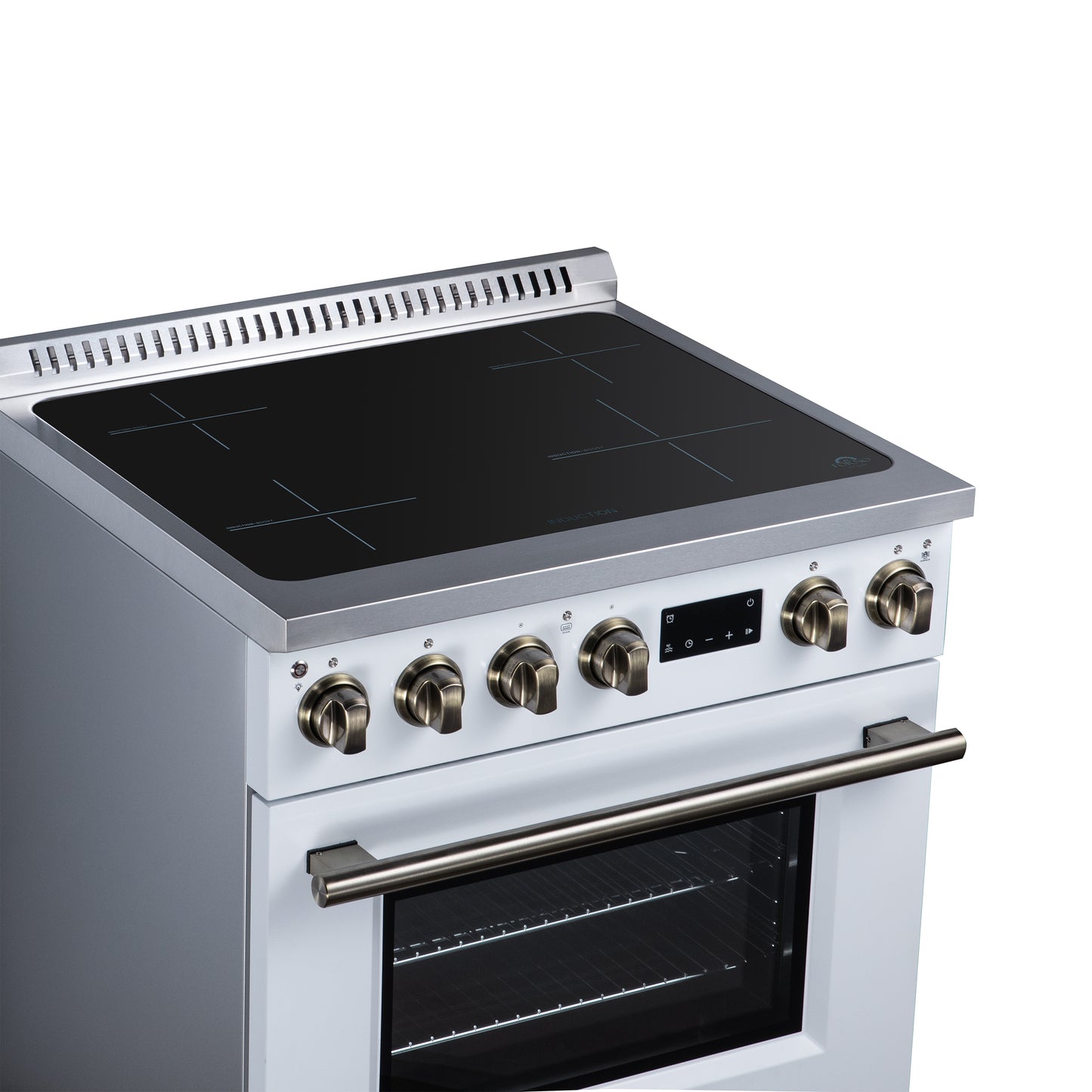 Torino 30 Inch Induction Range, 8,800W cooktop, 4.32 cf. True Convection Oven, Air Fry, Air Sous Vide, Smudge Resistant, White - Forno Appliances