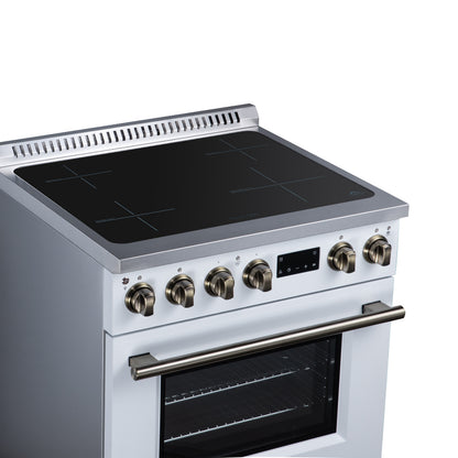 Torino 30 Inch Induction Range, 8,800W cooktop, 4.32 cf. True Convection Oven, Air Fry, Air Sous Vide, Smudge Resistant, White - Forno Appliances