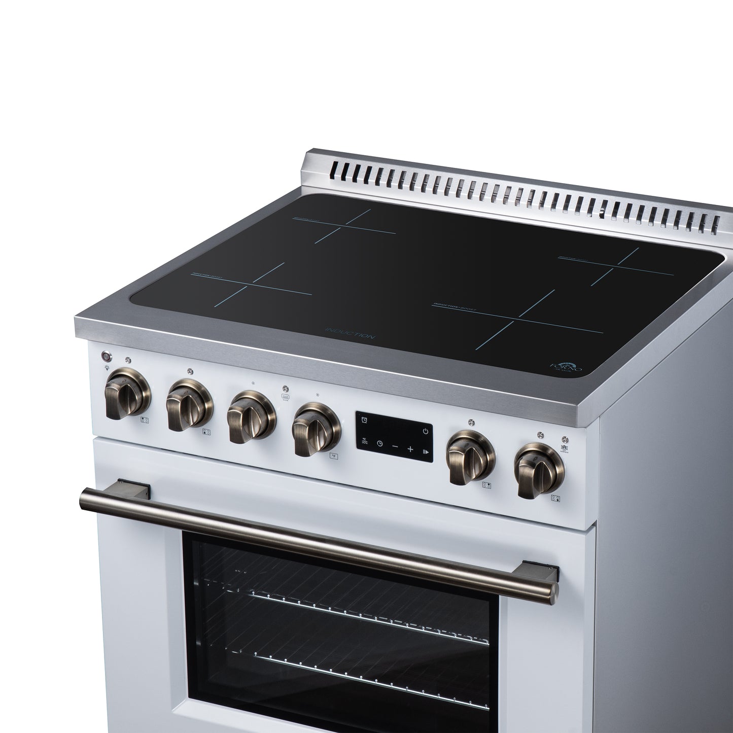 Torino 30 Inch Induction Range, 8,800W cooktop, 4.32 cf. True Convection Oven, Air Fry, Air Sous Vide, Smudge Resistant, White - Forno Appliances