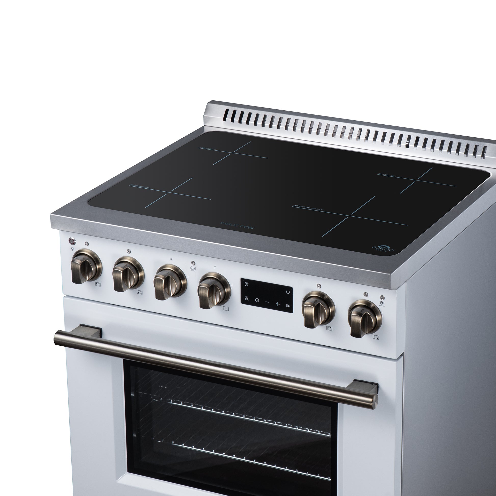 Torino 30 Inch Induction Range, 8,800W cooktop, 4.32 cf. True Convection Oven, Air Fry, Air Sous Vide, Smudge Resistant, White - Forno Appliances