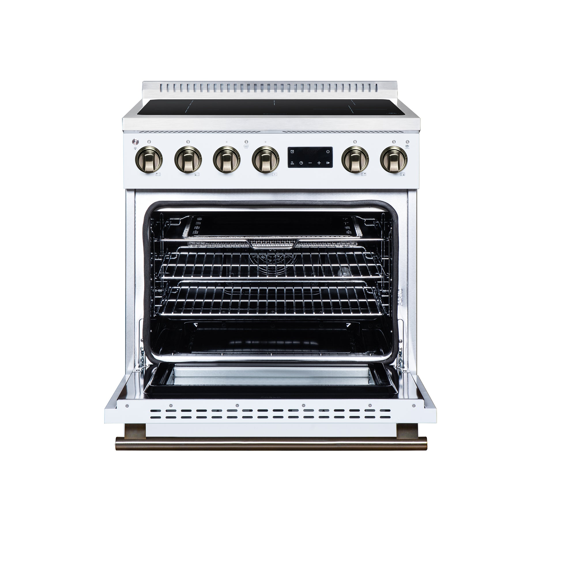 Torino 30 Inch Induction Range, 8,800W cooktop, 4.32 cf. True Convection Oven, Air Fry, Air Sous Vide, Smudge Resistant, White - Forno Appliances