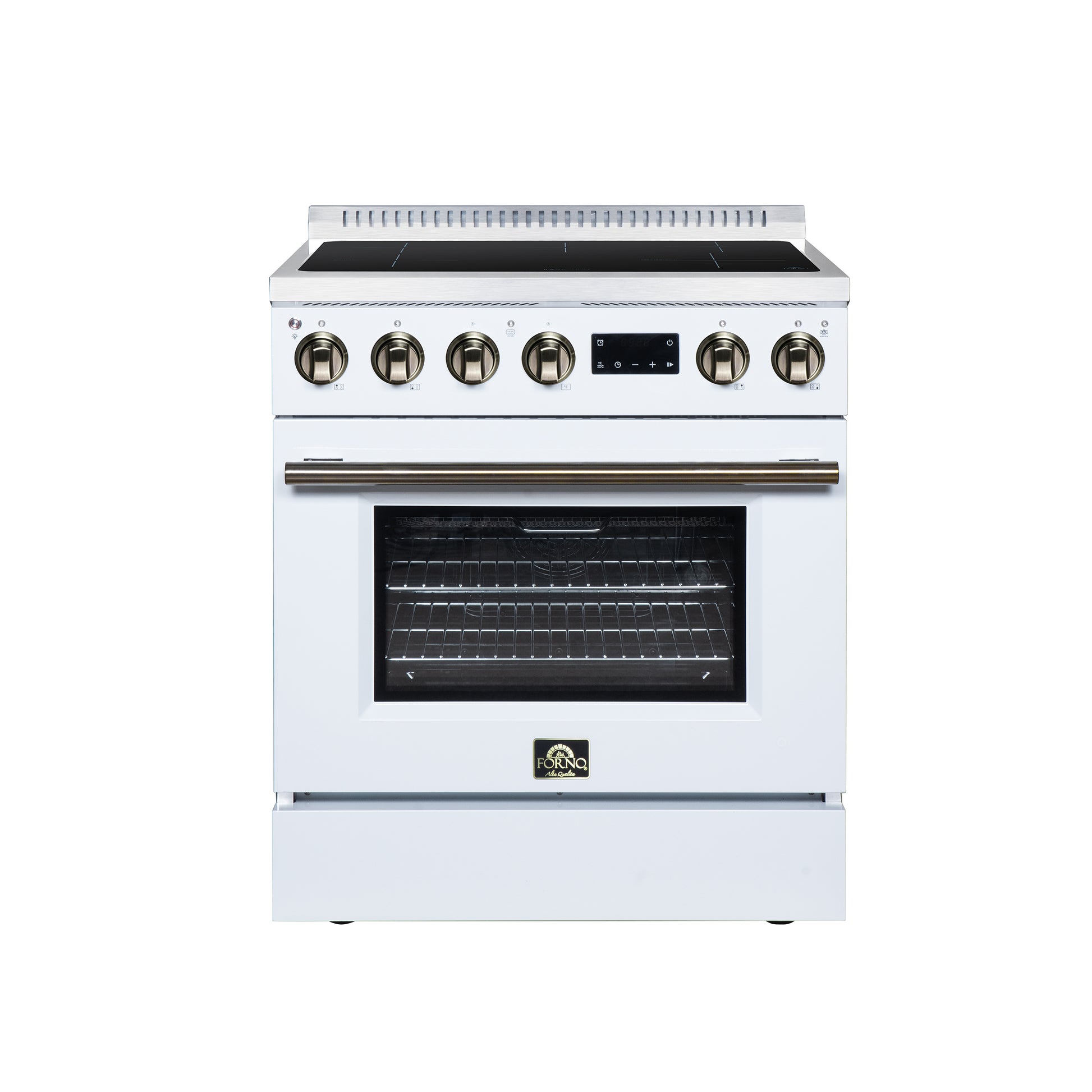 Torino 30 Inch Induction Range, 8,800W cooktop, 4.32 cf. True Convection Oven, Air Fry, Air Sous Vide, Smudge Resistant, White - Forno Appliances