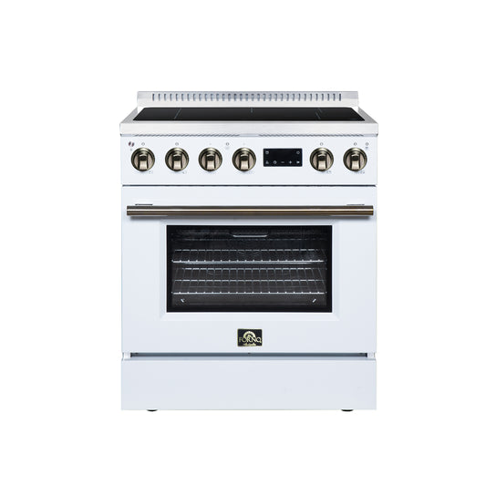 Torino 30 Inch Induction Range, 8,800W cooktop, 4.32 cf. True Convection Oven, Air Fry, Air Sous Vide, Smudge Resistant, White - Forno Appliances