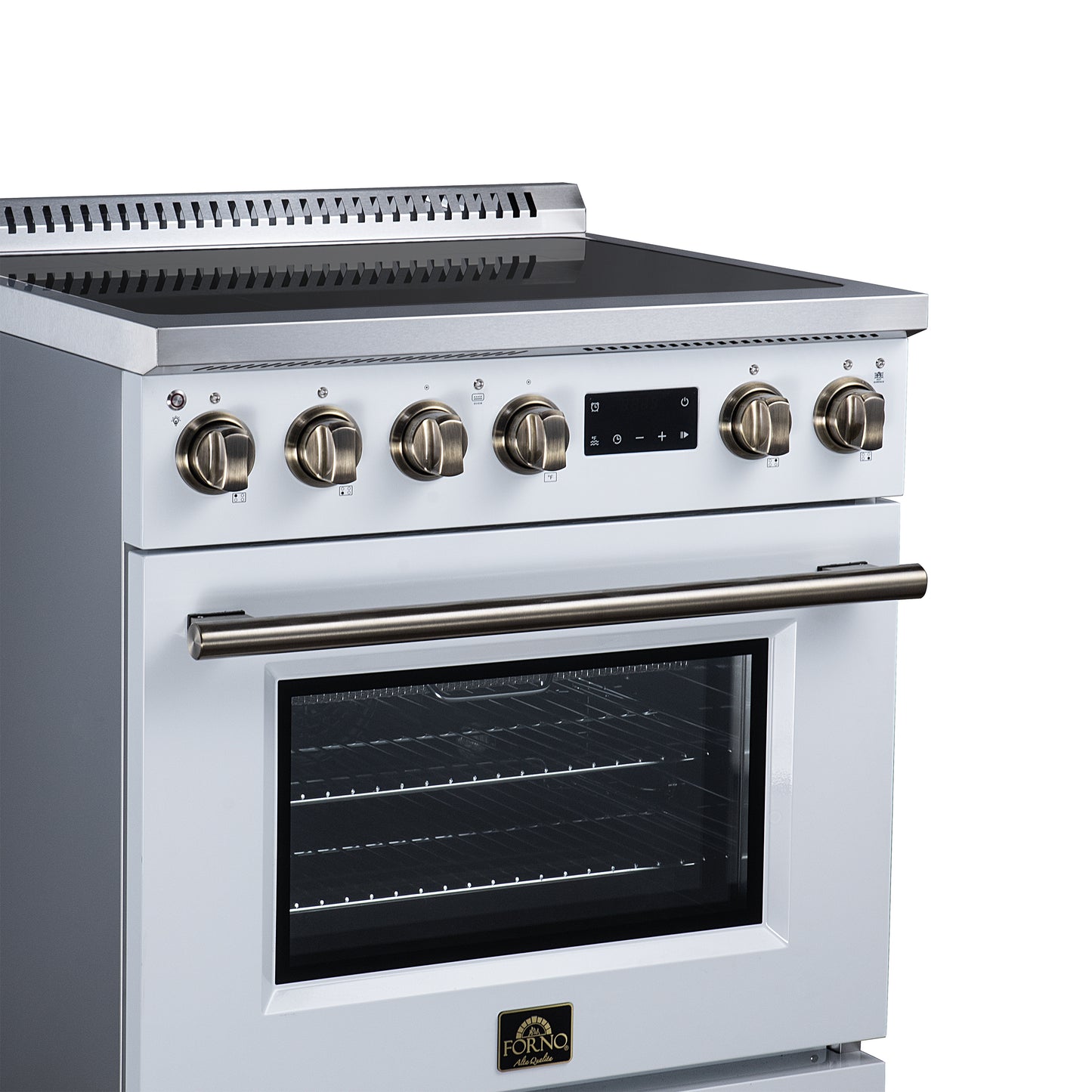 Torino 30 Inch Induction Range, 8,800W cooktop, 4.32 cf. True Convection Oven, Air Fry, Air Sous Vide, Smudge Resistant, White - Forno Appliances