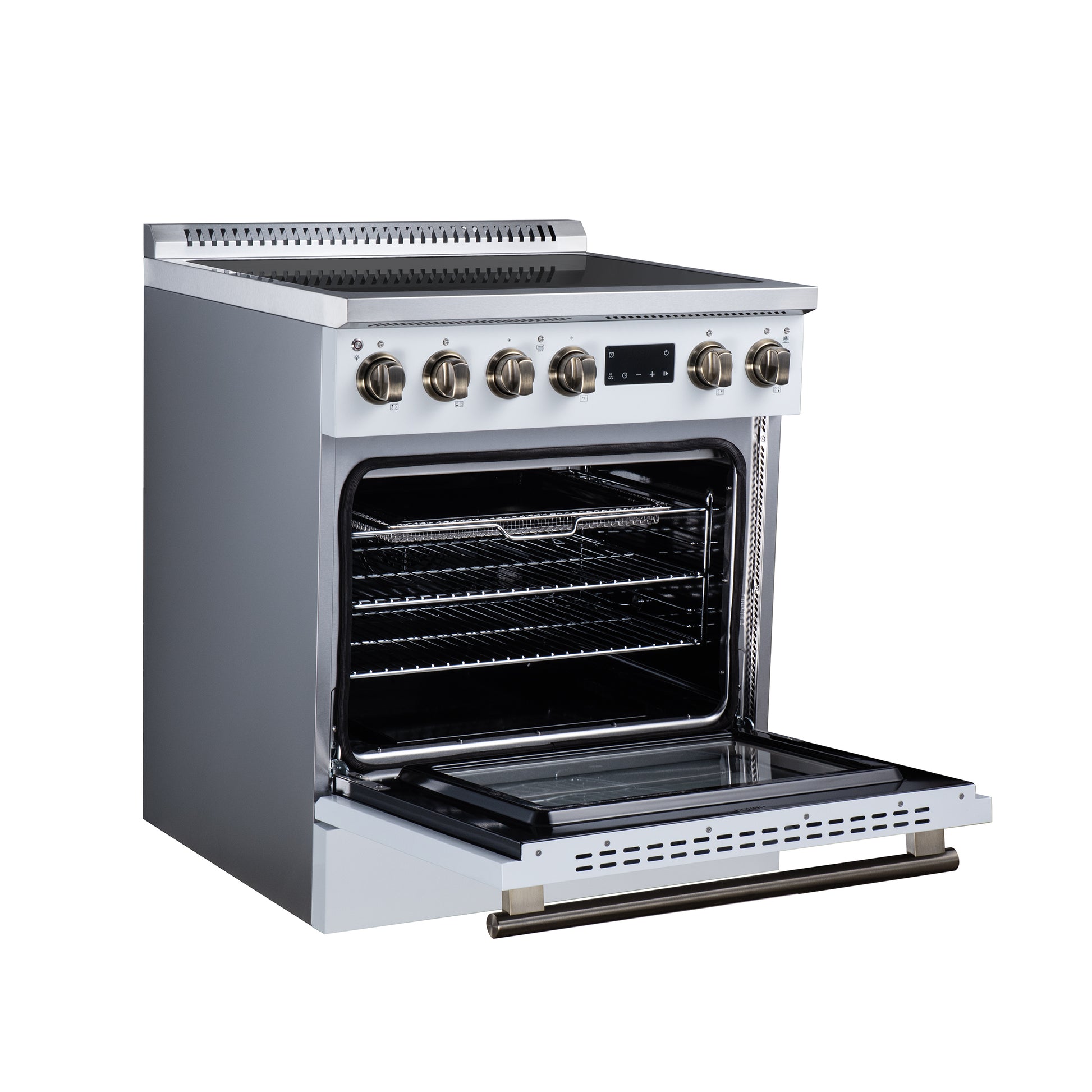 Torino 30 Inch Induction Range, 8,800W cooktop, 4.32 cf. True Convection Oven, Air Fry, Air Sous Vide, Smudge Resistant, White - Forno Appliances
