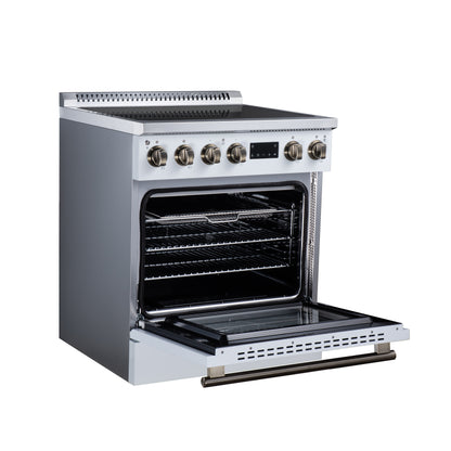 Torino 30 Inch Induction Range, 8,800W cooktop, 4.32 cf. True Convection Oven, Air Fry, Air Sous Vide, Smudge Resistant, White - Forno Appliances