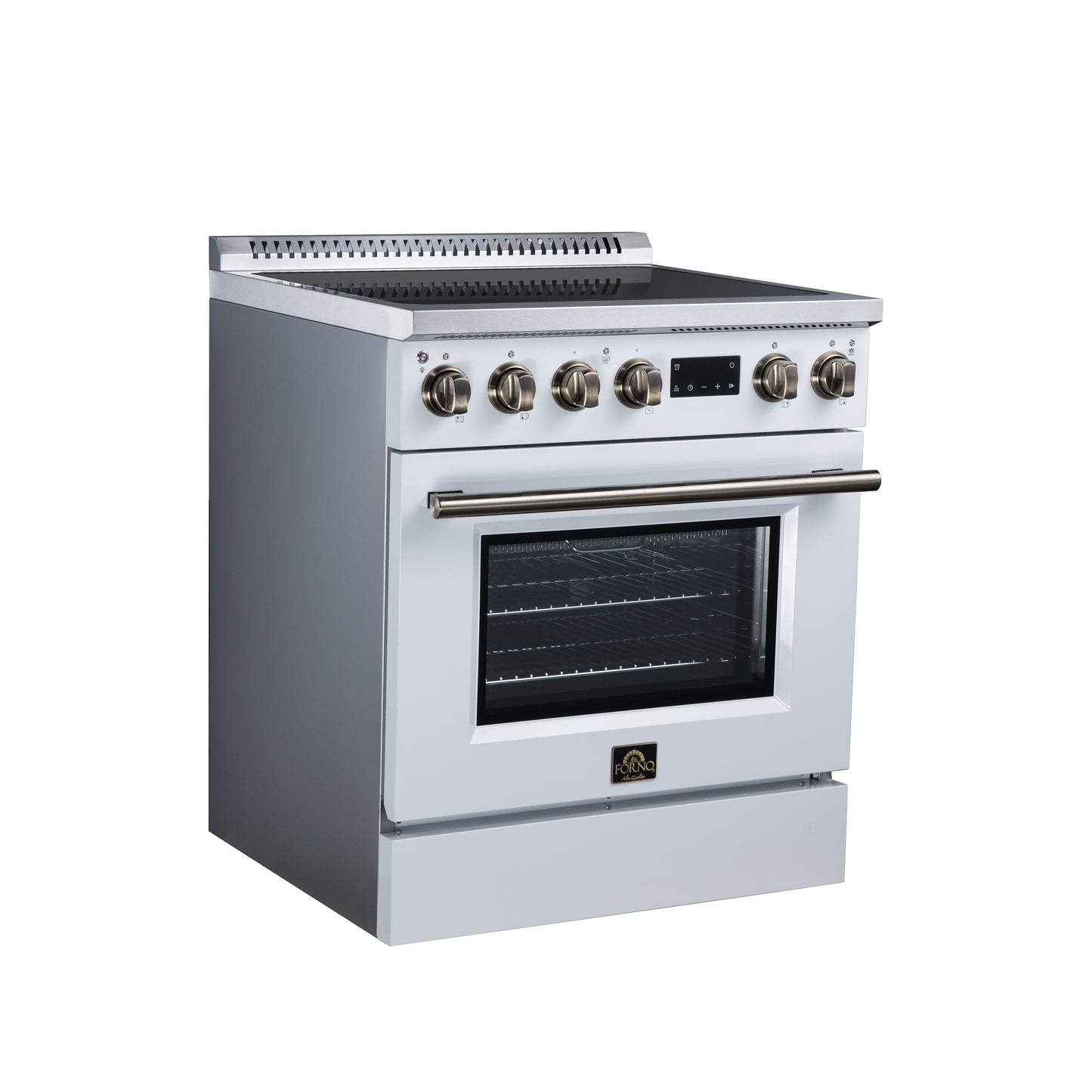 Torino 30 Inch Induction Range, 8,800W cooktop, 4.32 cf. True Convection Oven, Air Fry, Air Sous Vide, Smudge Resistant, White - Forno Appliances
