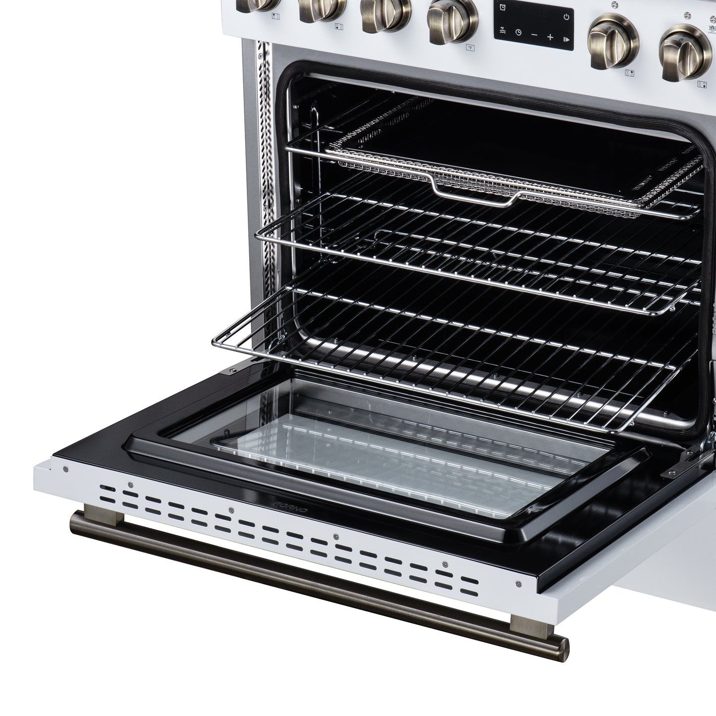 Torino 30 Inch Induction Range, 8,800W cooktop, 4.32 cf. True Convection Oven, Air Fry, Air Sous Vide, Smudge Resistant, White - Forno Appliances