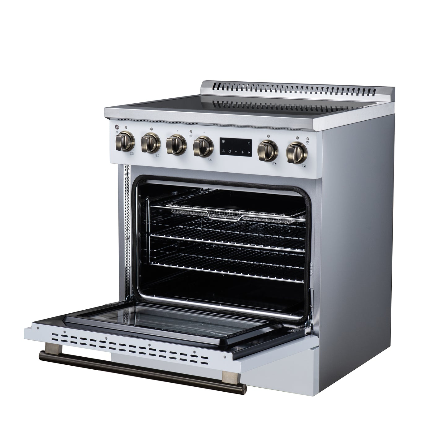 Torino 30 Inch Induction Range, 8,800W cooktop, 4.32 cf. True Convection Oven, Air Fry, Air Sous Vide, Smudge Resistant, White - Forno Appliances