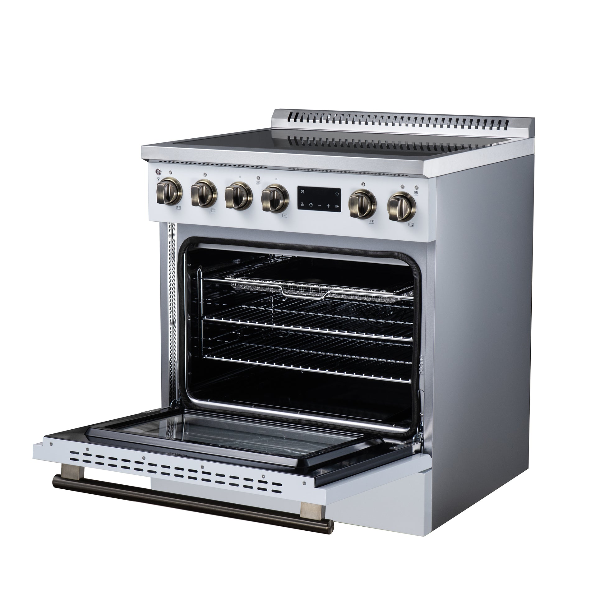 Torino 30 Inch Induction Range, 8,800W cooktop, 4.32 cf. True Convection Oven, Air Fry, Air Sous Vide, Smudge Resistant, White - Forno Appliances