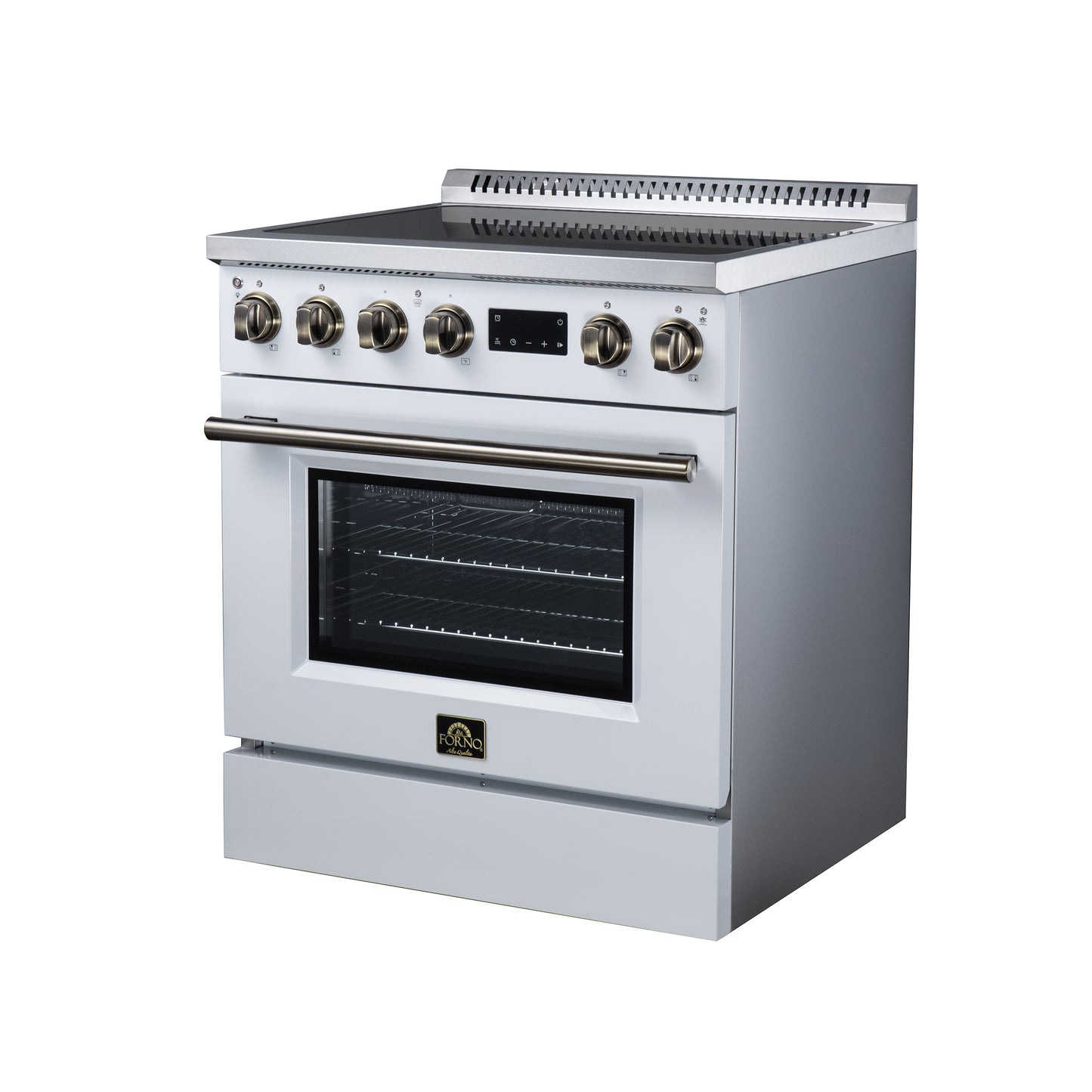 Torino 30 Inch Induction Range, 8,800W cooktop, 4.32 cf. True Convection Oven, Air Fry, Air Sous Vide, Smudge Resistant, White - Forno Appliances