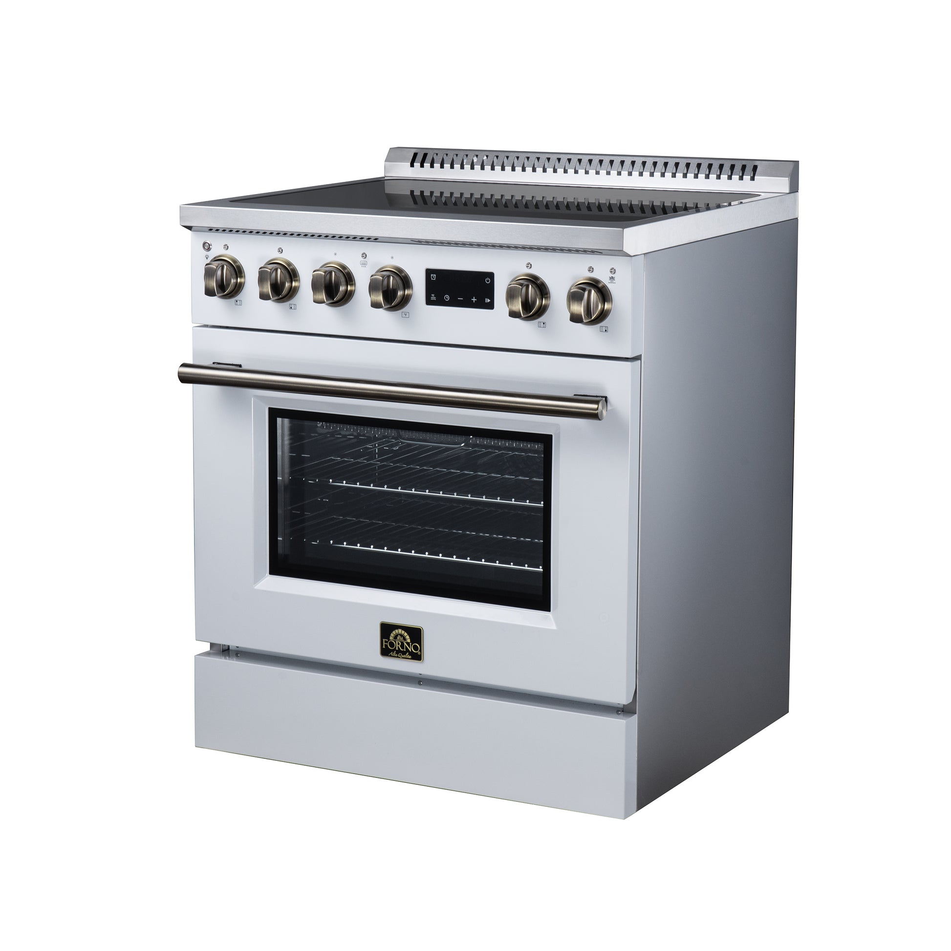Torino 30 Inch Induction Range, 8,800W cooktop, 4.32 cf. True Convection Oven, Air Fry, Air Sous Vide, Smudge Resistant, White - Forno Appliances