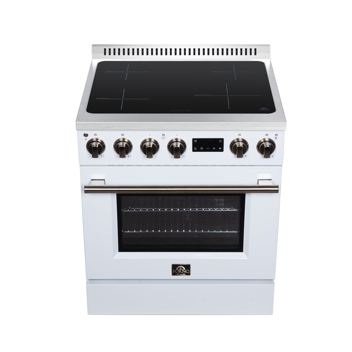 Torino 30 Inch Induction Range, 8,800W cooktop, 4.32 cf. True Convection Oven, Air Fry, Air Sous Vide, Smudge Resistant, White - Forno Appliances