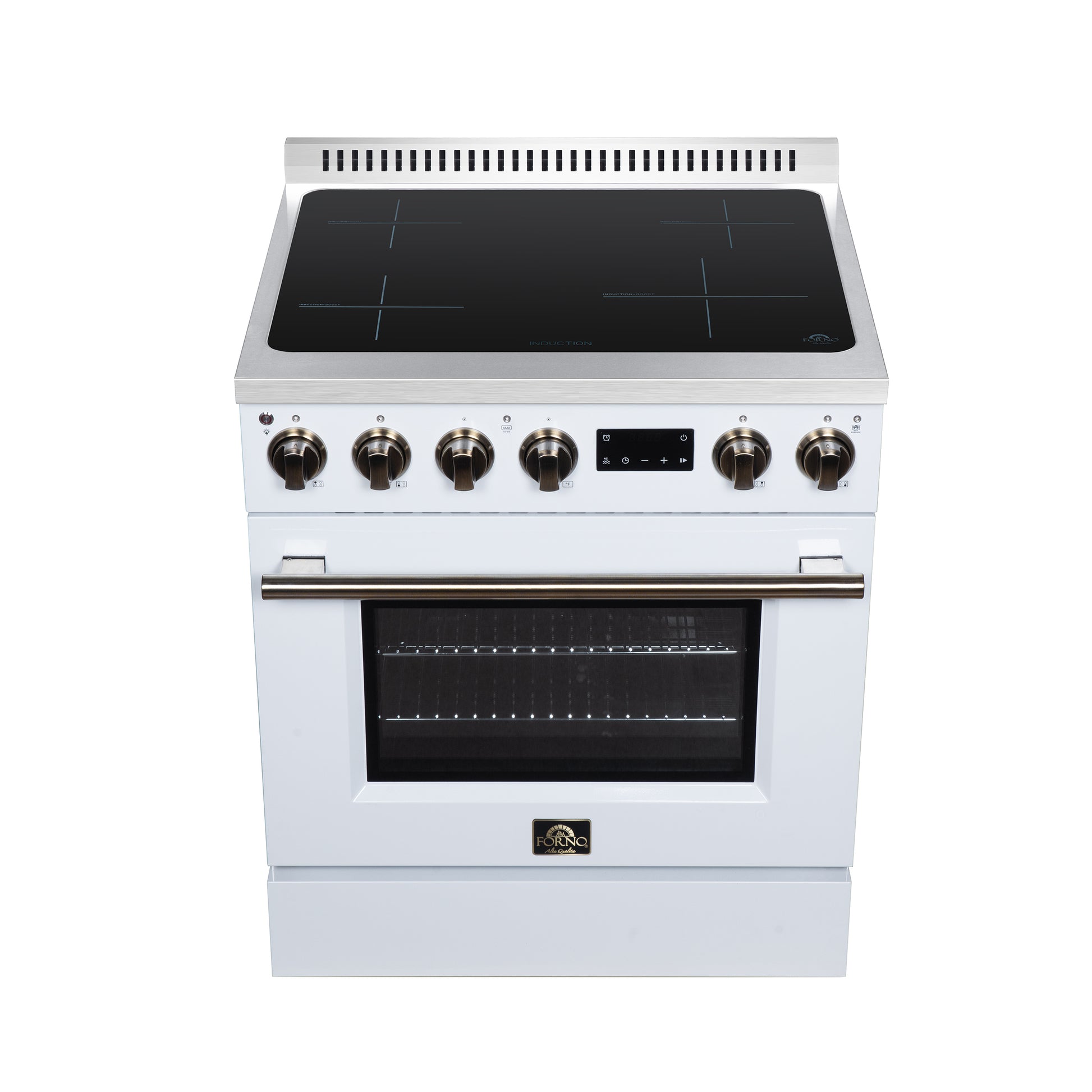 Torino 30 Inch Induction Range, 8,800W cooktop, 4.32 cf. True Convection Oven, Air Fry, Air Sous Vide, Smudge Resistant, White - Forno Appliances