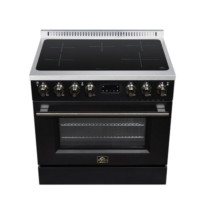 Torino 36 Inch Induction Range, 10,900W cooktop, 5.36 cf. True Convection Oven, Air Fry, Air Sous Vide, Smudge Resistant, Black - Forno Appliances
