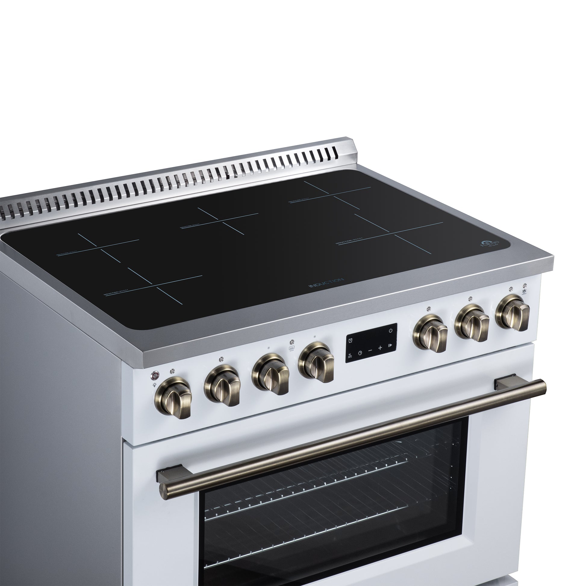 Torino 36 Inch Induction Range, 10,900W cooktop, 5.36 cf. True Convection Oven, Air Fry, Air Sous Vide, Smudge Resistant, White - Forno Appliances