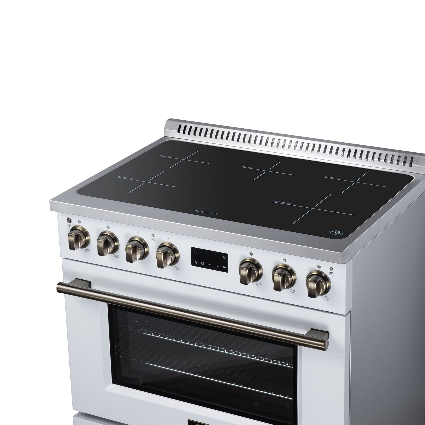 Torino 36 Inch Induction Range, 10,900W cooktop, 5.36 cf. True Convection Oven, Air Fry, Air Sous Vide, Smudge Resistant, White - Forno Appliances