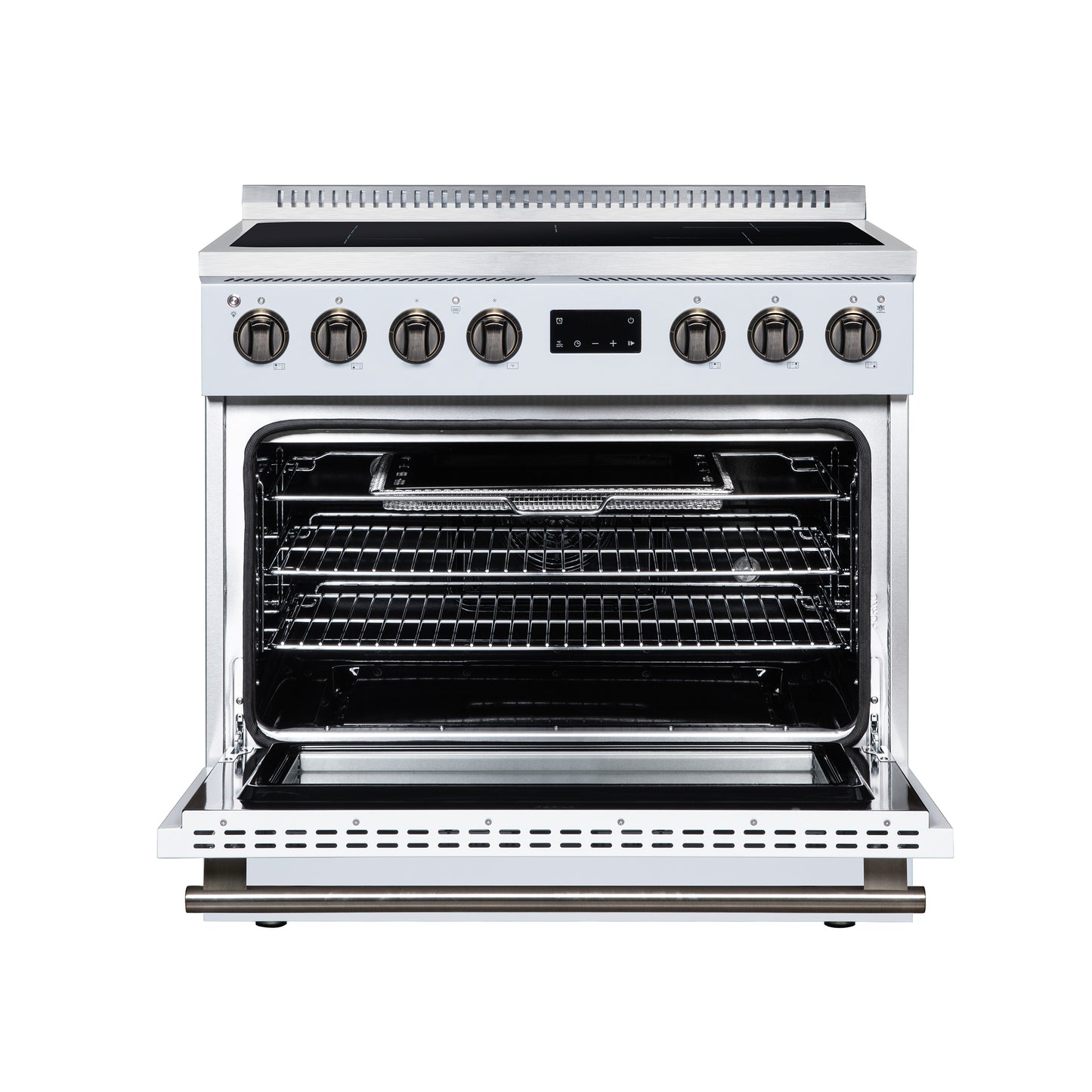 Torino 36 Inch Induction Range, 10,900W cooktop, 5.36 cf. True Convection Oven, Air Fry, Air Sous Vide, Smudge Resistant, White - Forno Appliances