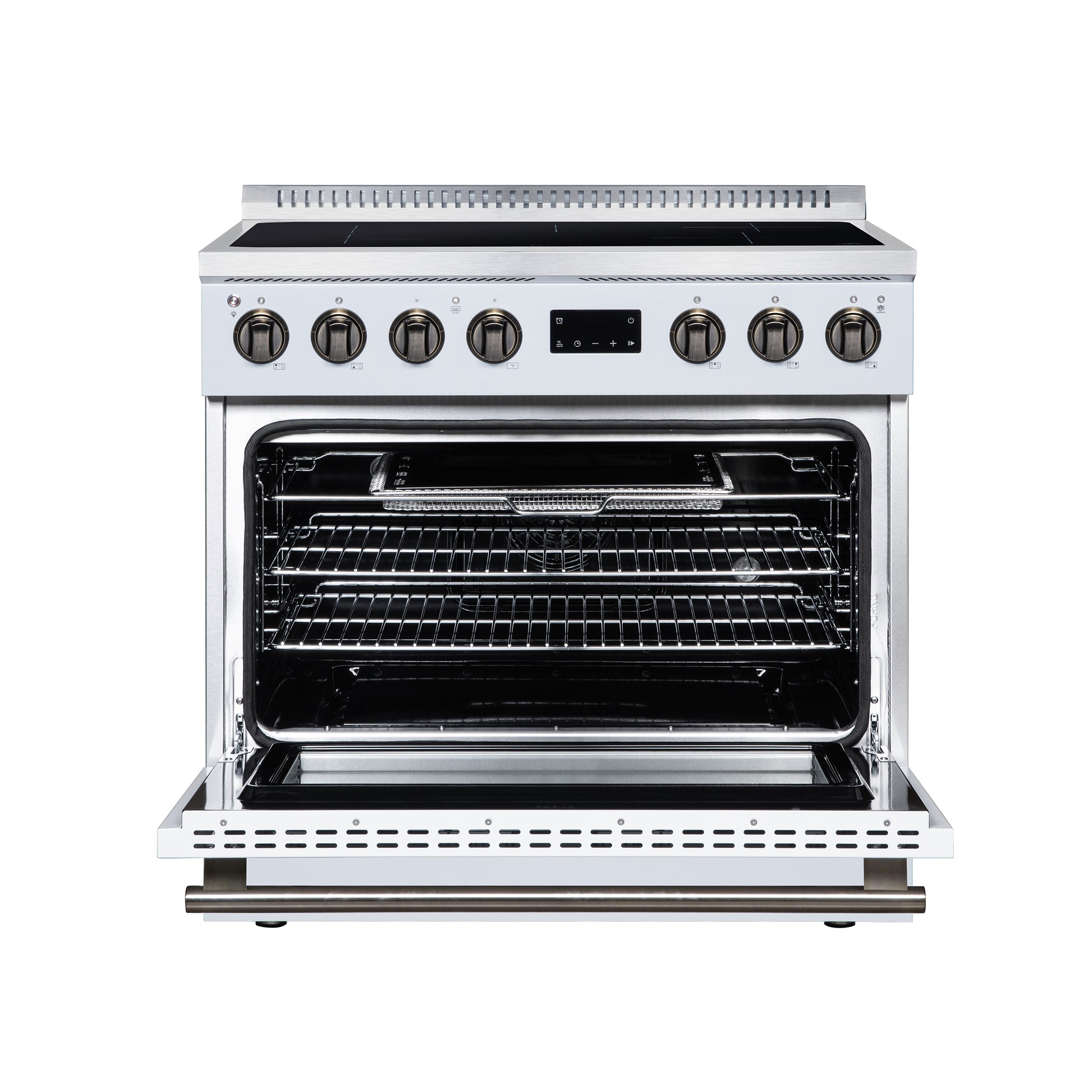 Torino 36 Inch Induction Range, 10,900W cooktop, 5.36 cf. True Convection Oven, Air Fry, Air Sous Vide, Smudge Resistant, White - Forno Appliances