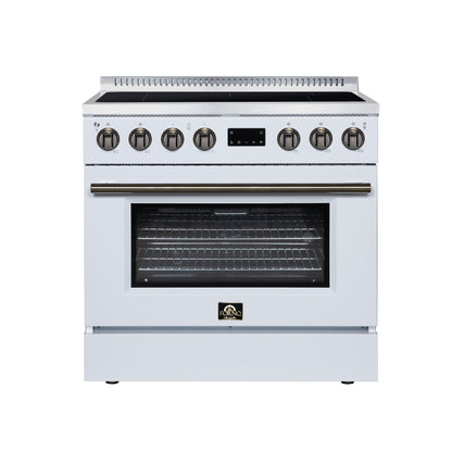 Torino 36 Inch Induction Range, 10,900W cooktop, 5.36 cf. True Convection Oven, Air Fry, Air Sous Vide, Smudge Resistant, White - Forno Appliances