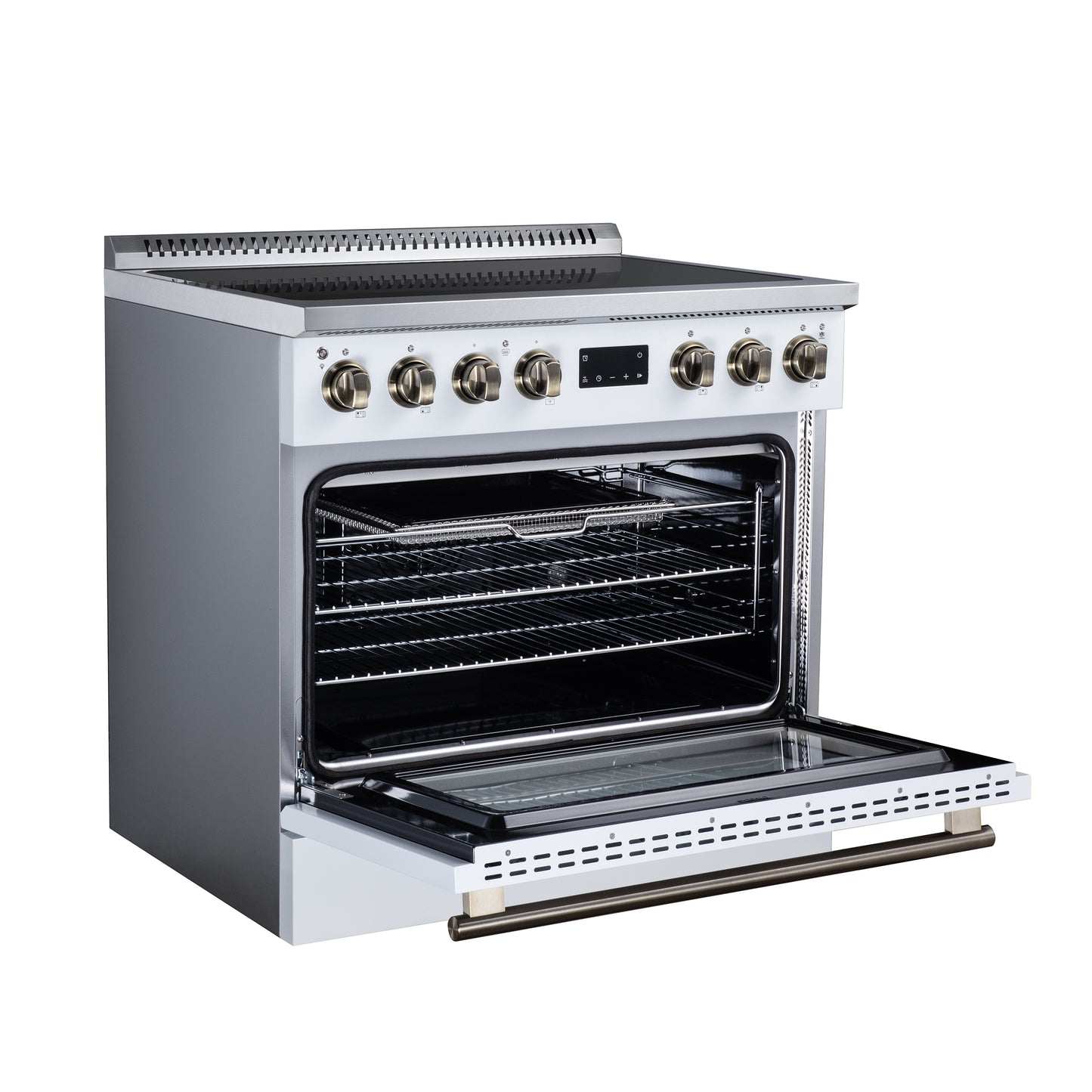 Torino 36 Inch Induction Range, 10,900W cooktop, 5.36 cf. True Convection Oven, Air Fry, Air Sous Vide, Smudge Resistant, White - Forno Appliances