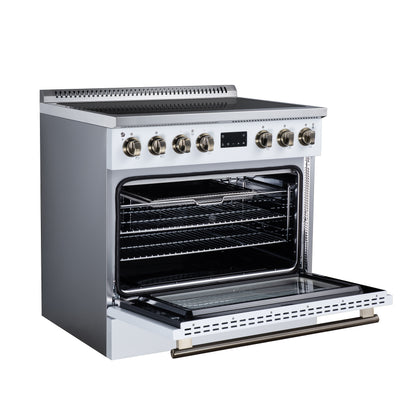 Torino 36 Inch Induction Range, 10,900W cooktop, 5.36 cf. True Convection Oven, Air Fry, Air Sous Vide, Smudge Resistant, White - Forno Appliances