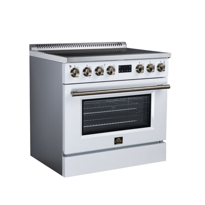 Torino 36 Inch Induction Range, 10,900W cooktop, 5.36 cf. True Convection Oven, Air Fry, Air Sous Vide, Smudge Resistant, White - Forno Appliances