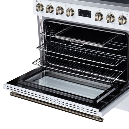 Torino 36 Inch Induction Range, 10,900W cooktop, 5.36 cf. True Convection Oven, Air Fry, Air Sous Vide, Smudge Resistant, White - Forno Appliances