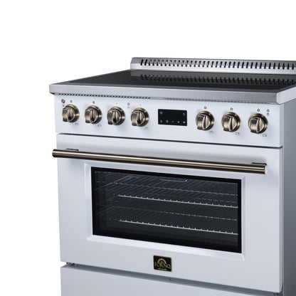 Torino 36 Inch Induction Range, 10,900W cooktop, 5.36 cf. True Convection Oven, Air Fry, Air Sous Vide, Smudge Resistant, White - Forno Appliances