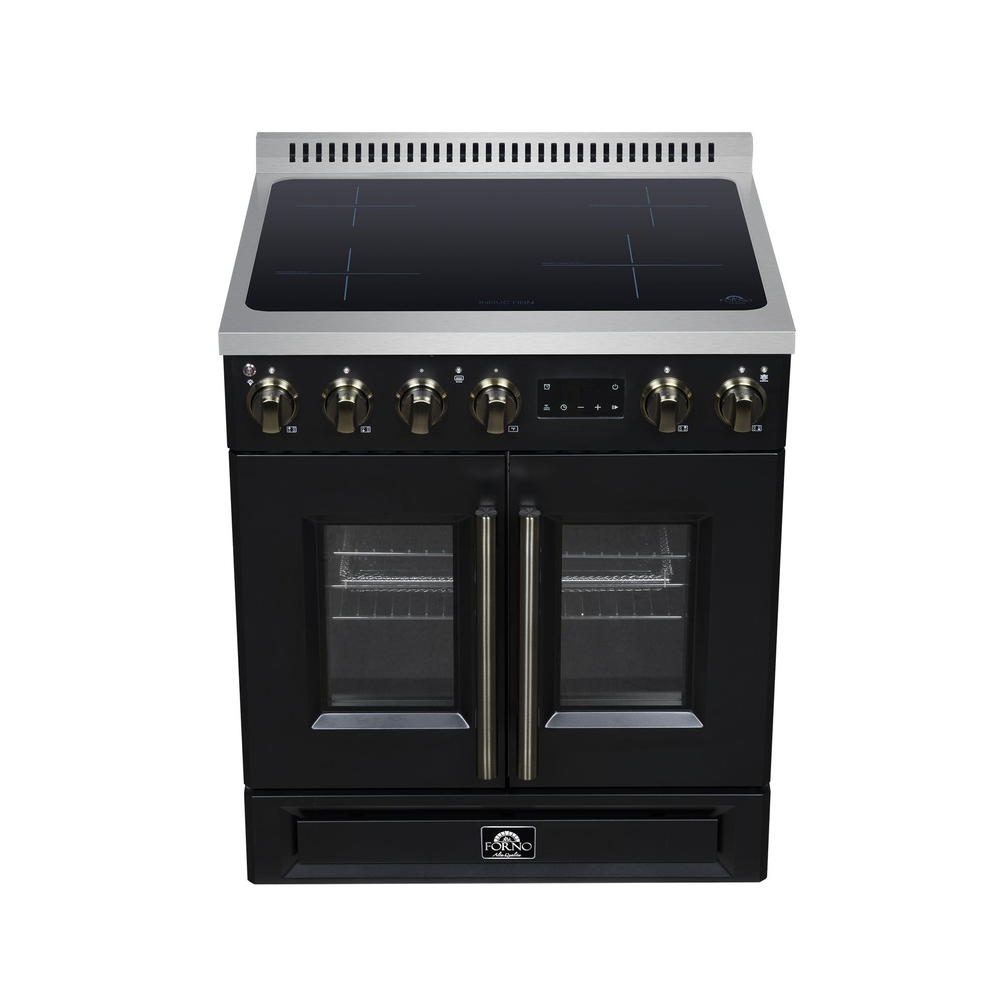 Torino French Door 30 Inch Induction Range with Air Fryer, Air Sous Vide & True Convection, Dual Broiler, Black - Forno Appliances