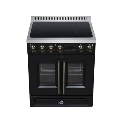 Torino French Door 30 Inch Induction Range with Air Fryer, Air Sous Vide & True Convection, Dual Broiler, Black - Forno Appliances