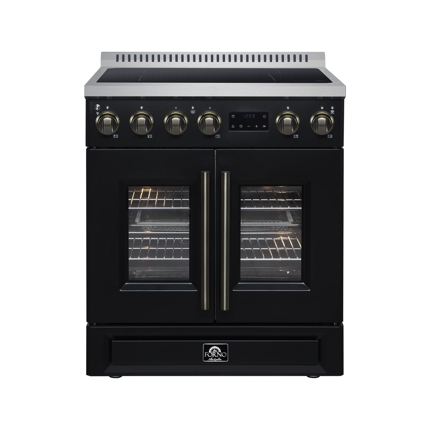 Torino French Door 30 Inch Induction Range with Air Fryer, Air Sous Vide & True Convection, Dual Broiler, Black - Forno Appliances