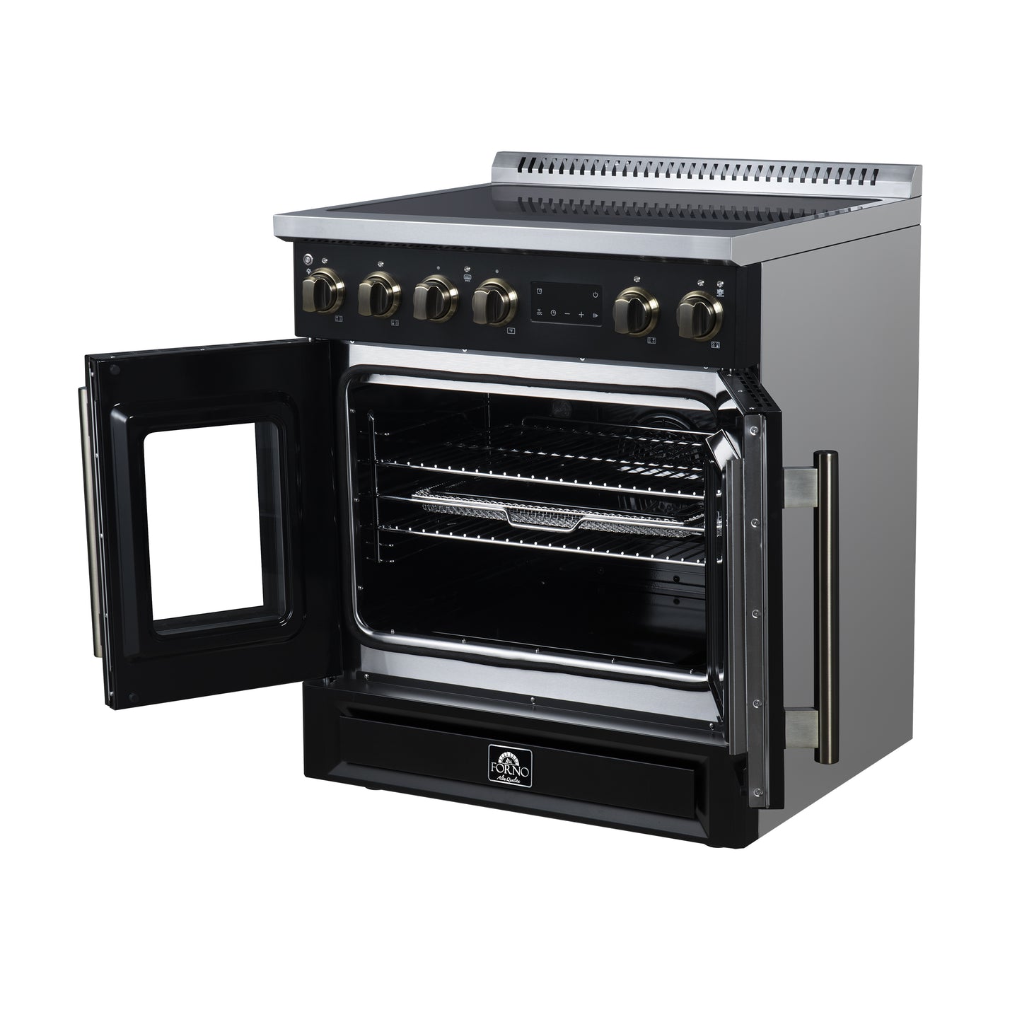 Torino French Door 30 Inch Induction Range with Air Fryer, Air Sous Vide & True Convection, Dual Broiler, Black - Forno Appliances