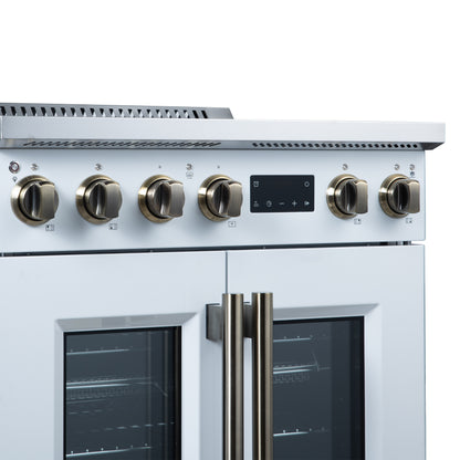 Torino French Door 30 Inch Induction Range with Air Fryer, Air Sous Vide & True Convection, Dual Broiler, White - Forno Appliances