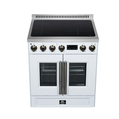 Torino French Door 30 Inch Induction Range with Air Fryer, Air Sous Vide & True Convection, Dual Broiler, White - Forno Appliances