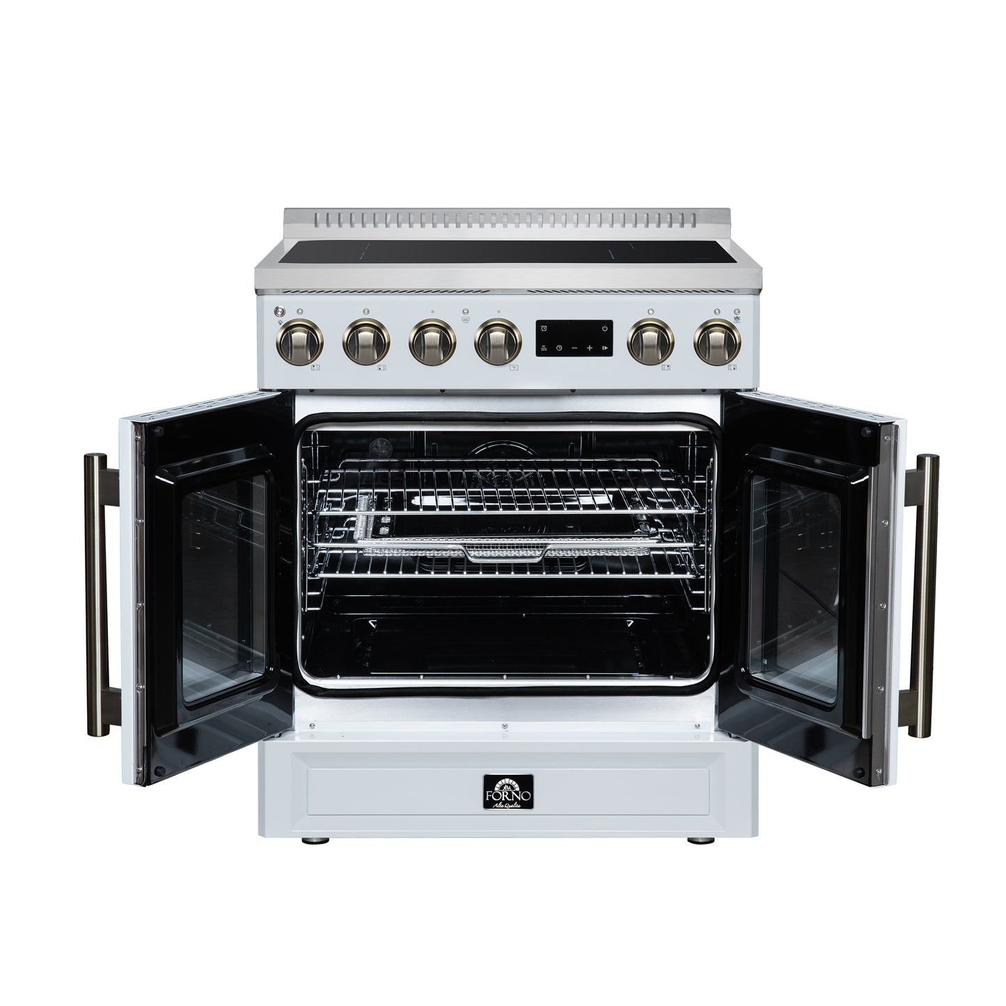 Torino French Door 30 Inch Induction Range with Air Fryer, Air Sous Vide & True Convection, Dual Broiler, White - Forno Appliances