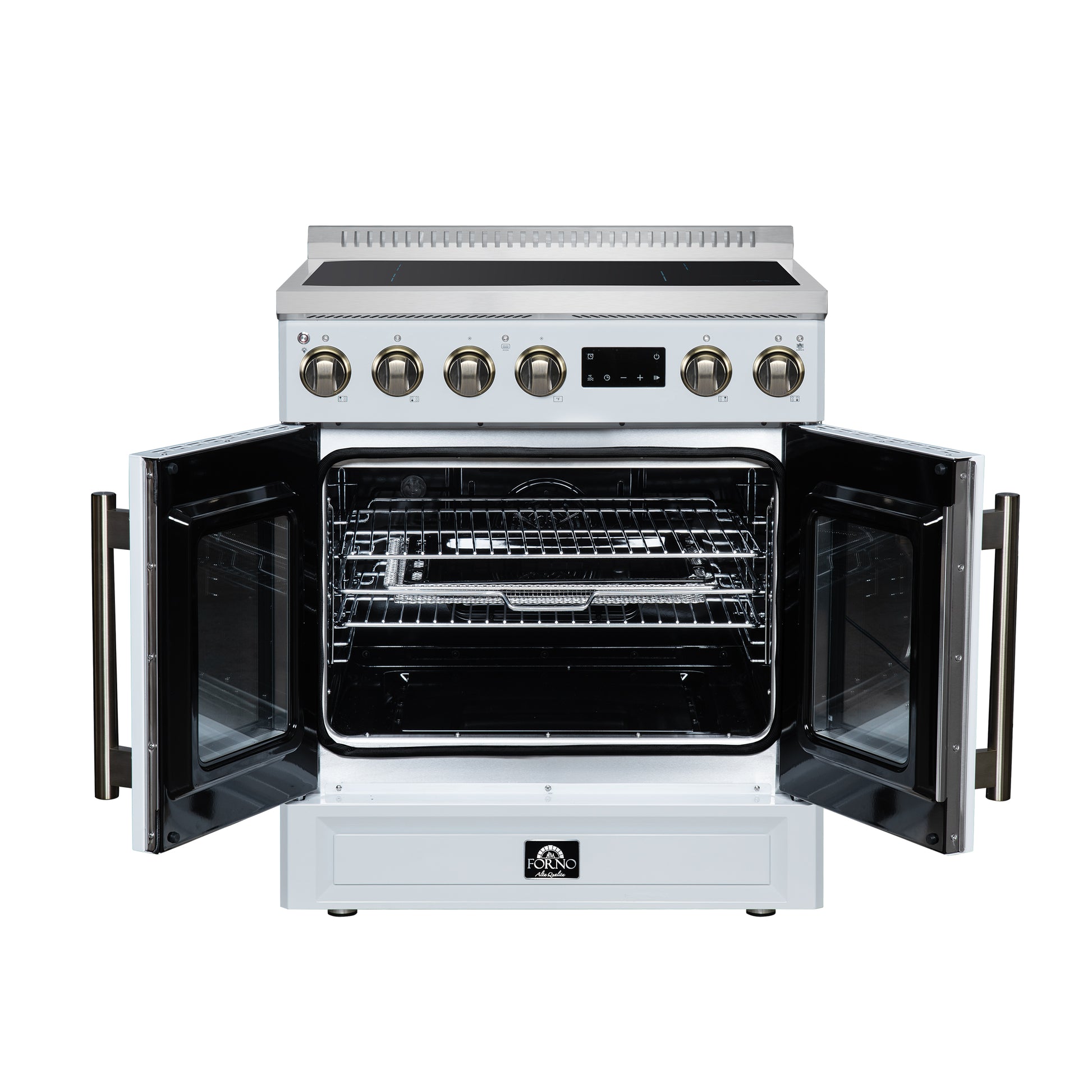 Torino French Door 30 Inch Induction Range with Air Fryer, Air Sous Vide & True Convection, Dual Broiler, White - Forno Appliances