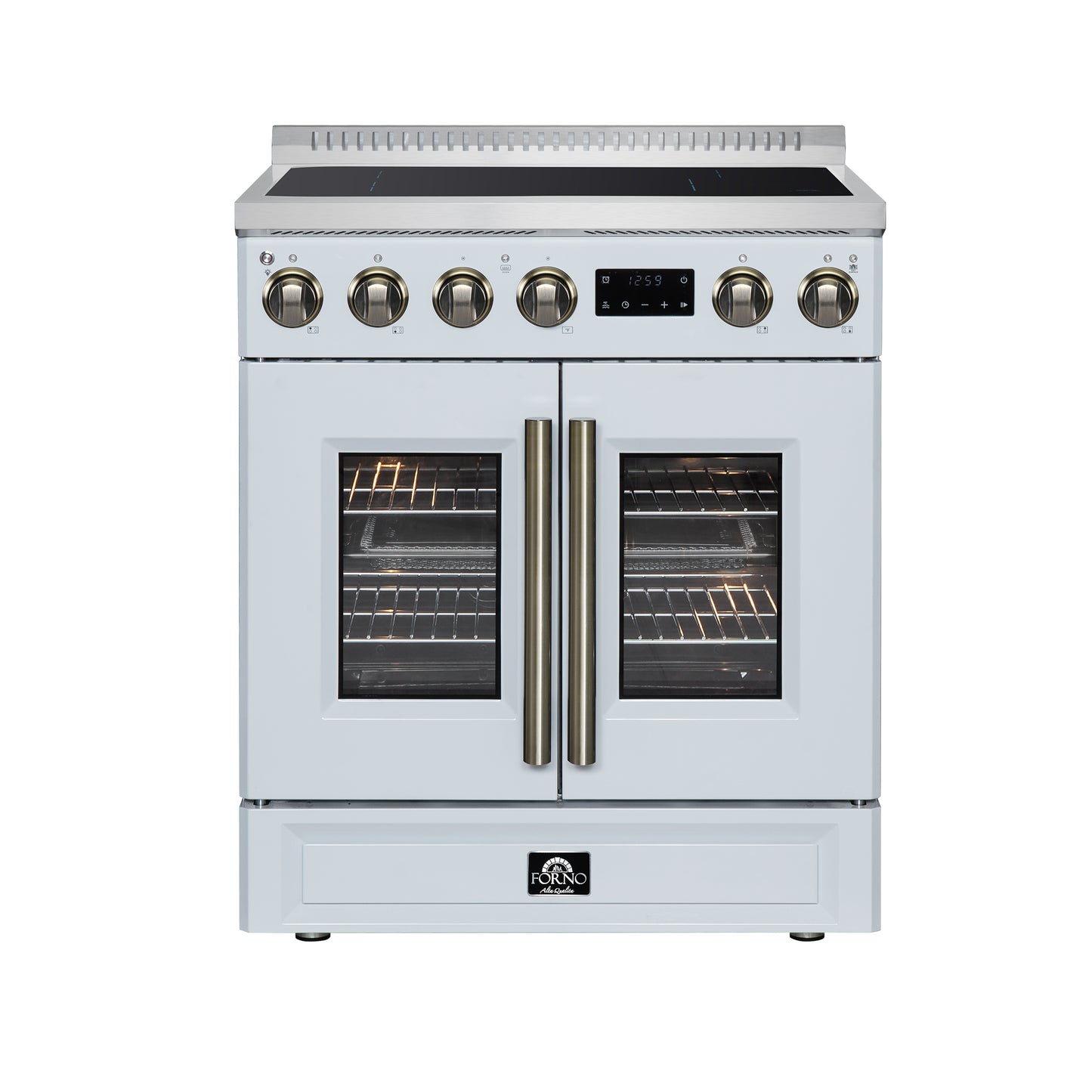 Torino French Door 30 Inch Induction Range with Air Fryer, Air Sous Vide & True Convection, Dual Broiler, White - Forno Appliances