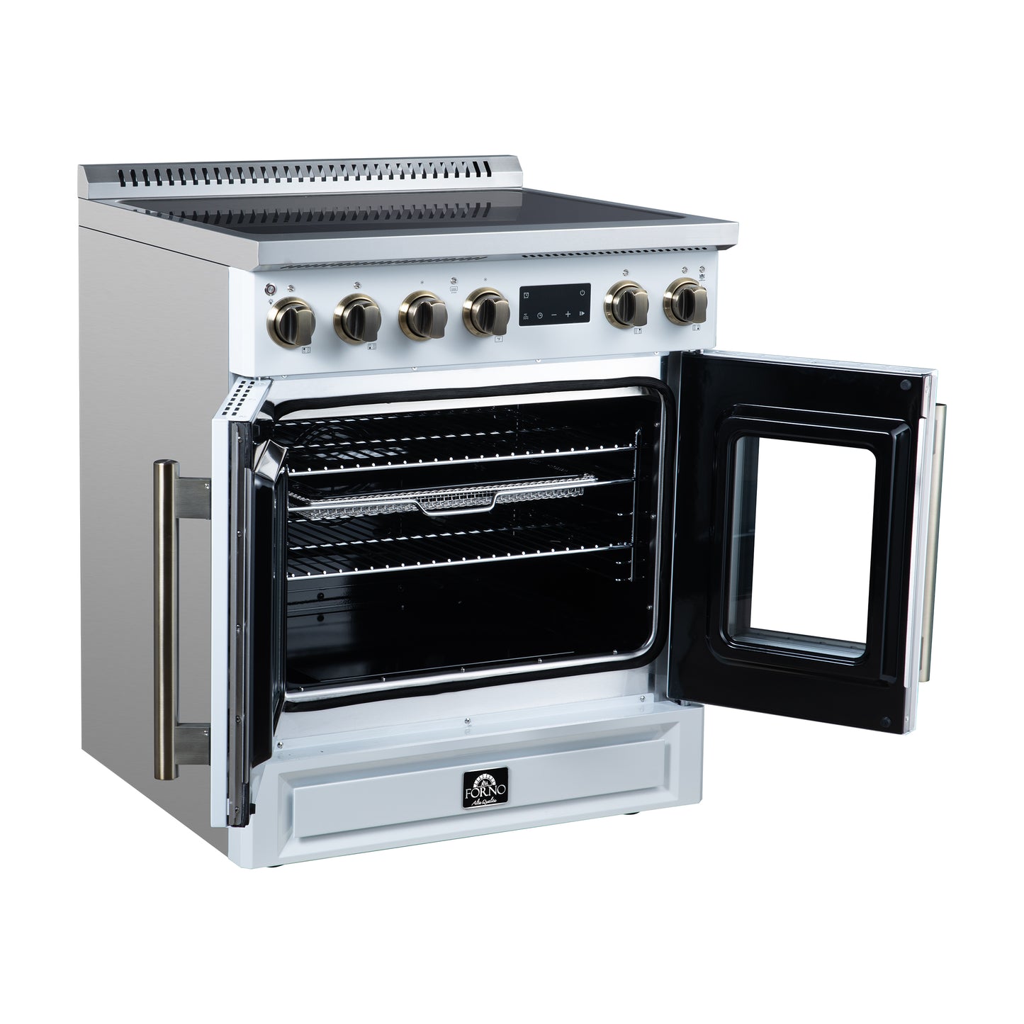 Torino French Door 30 Inch Induction Range with Air Fryer, Air Sous Vide & True Convection, Dual Broiler, White - Forno Appliances