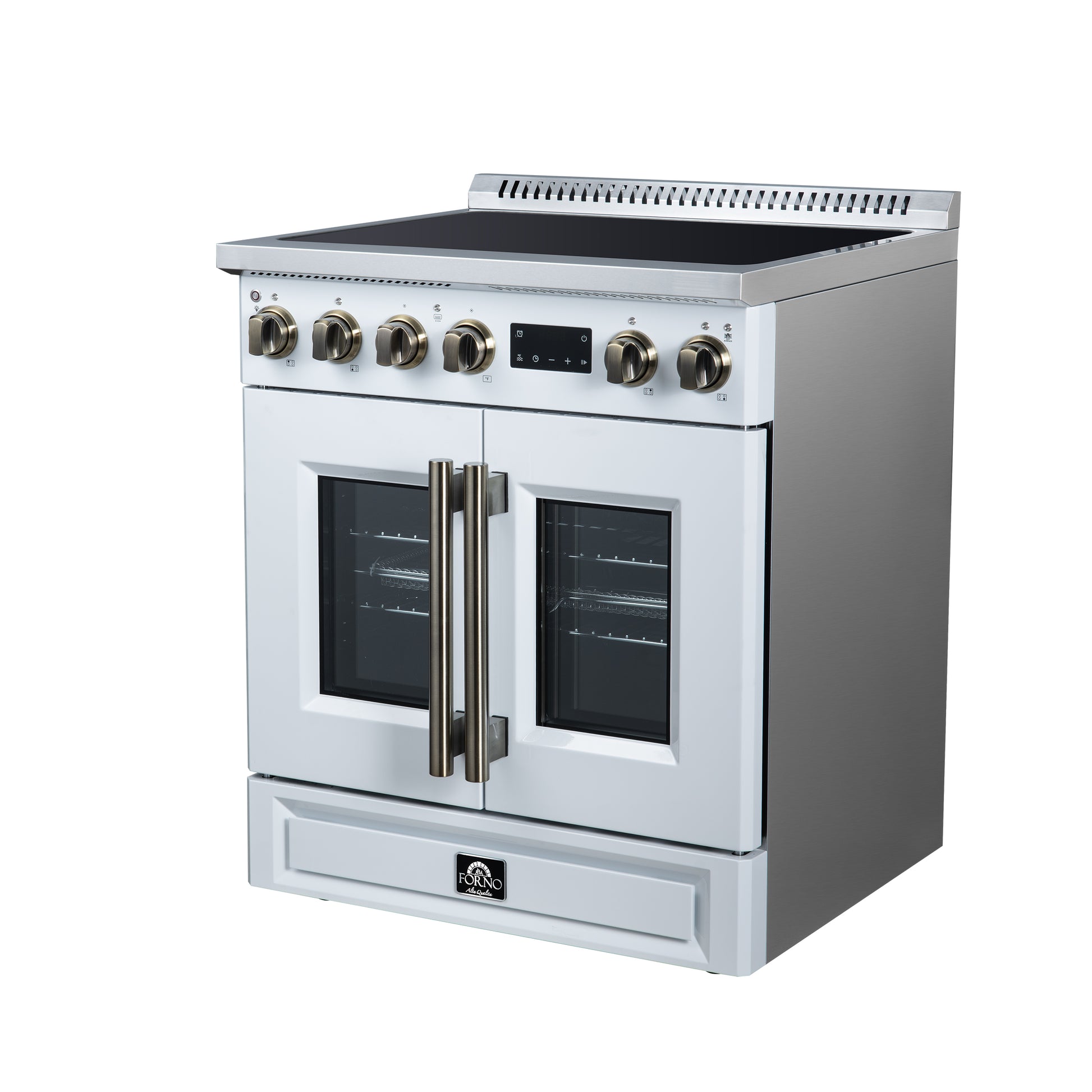 Torino French Door 30 Inch Induction Range with Air Fryer, Air Sous Vide & True Convection, Dual Broiler, White - Forno Appliances