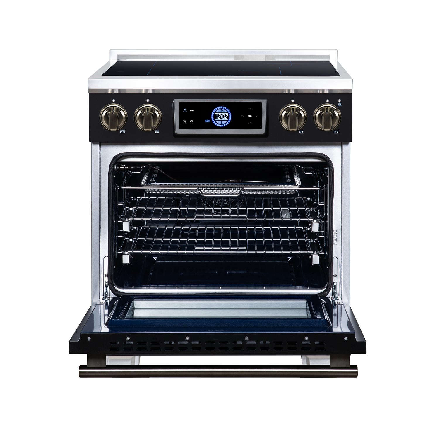 Maximus 30 Inch Induction Range, 8,800 Total Cooktop, 4.32 cf. True Convection Oven, Air Fryer, Air Sous Vide, Black - Forno Appliances