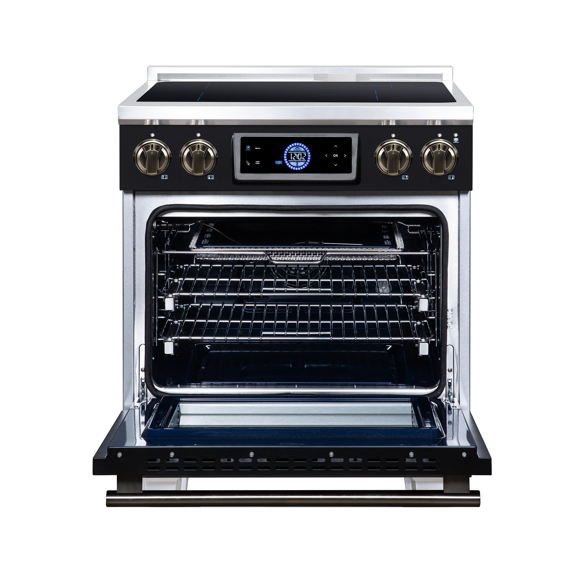 Maximus 30 Inch Induction Range, 8,800 Total Cooktop, 4.32 cf. True Convection Oven, Air Fryer, Air Sous Vide, Black - Forno Appliances