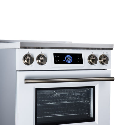 Maximus 30 Inch Induction Range, 8,800 Total Cooktop, 4.32 cf. True Convection Oven, Air Fryer, Air Sous Vide, White - Forno Appliances