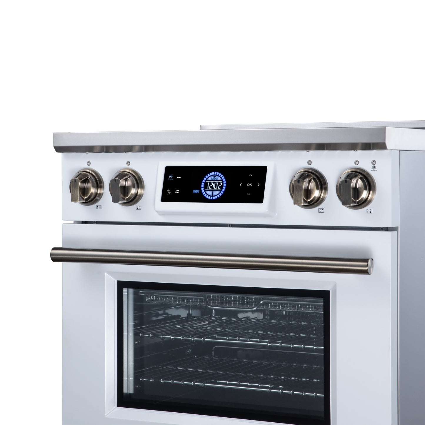 Maximus 30 Inch Induction Range, 8,800 Total Cooktop, 4.32 cf. True Convection Oven, Air Fryer, Air Sous Vide, White - Forno Appliances
