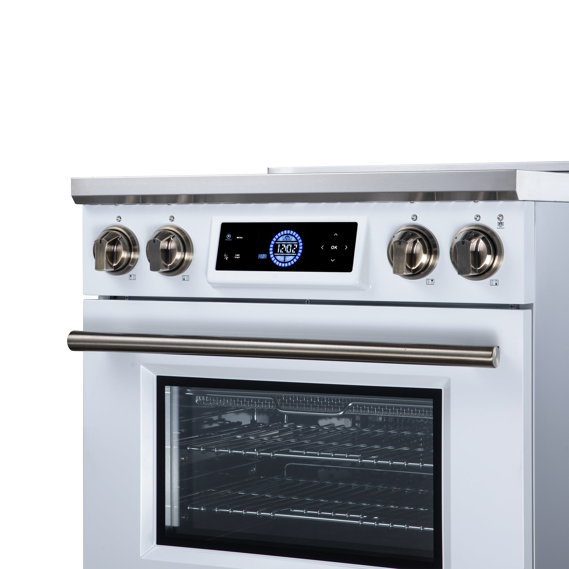 Maximus 30 Inch Induction Range, 8,800 Total Cooktop, 4.32 cf. True Convection Oven, Air Fryer, Air Sous Vide, White - Forno Appliances