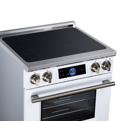 Maximus 30 Inch Induction Range, 8,800 Total Cooktop, 4.32 cf. True Convection Oven, Air Fryer, Air Sous Vide, White - Forno Appliances