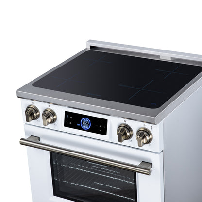 Maximus 30 Inch Induction Range, 8,800 Total Cooktop, 4.32 cf. True Convection Oven, Air Fryer, Air Sous Vide, White - Forno Appliances
