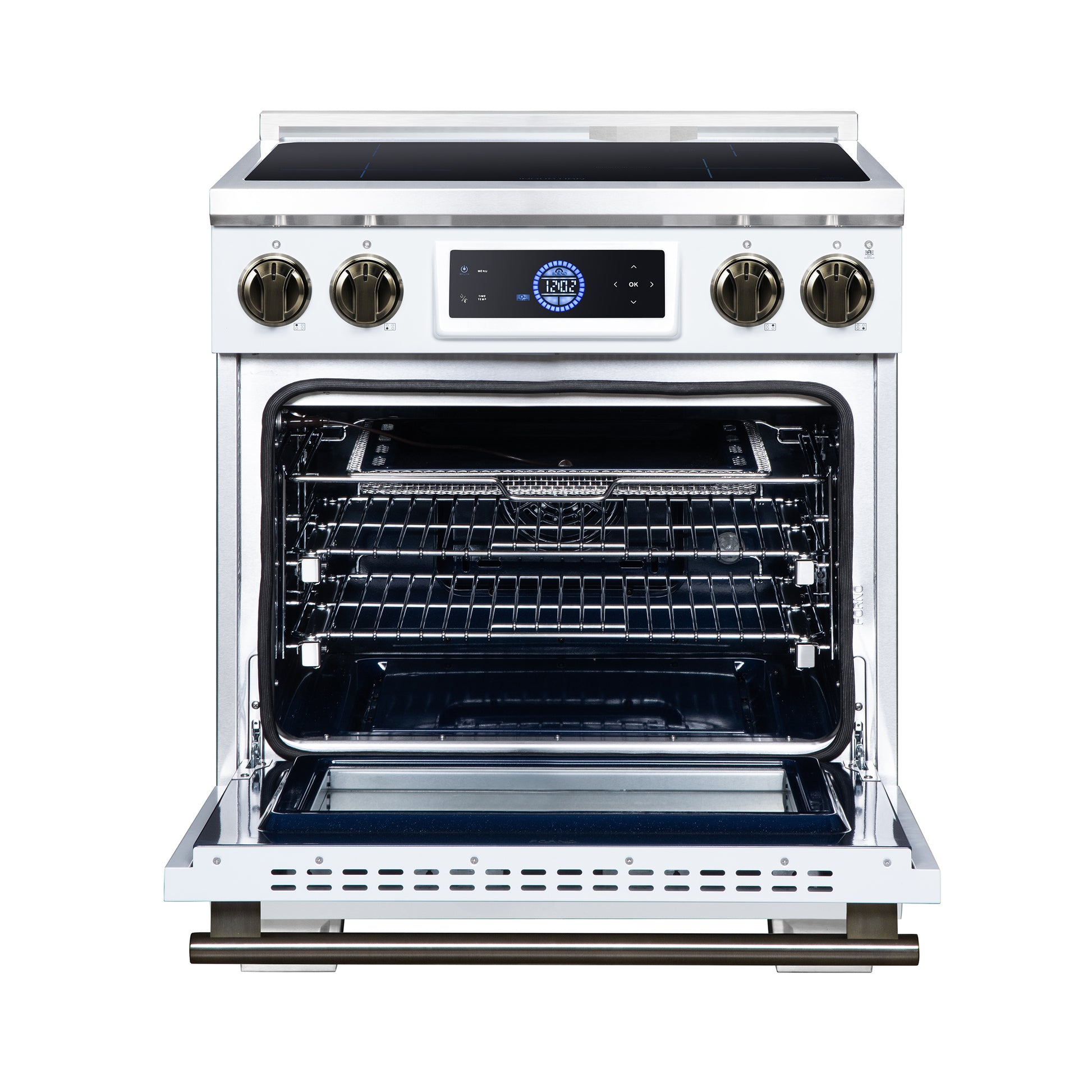 Maximus 30 Inch Induction Range, 8,800 Total Cooktop, 4.32 cf. True Convection Oven, Air Fryer, Air Sous Vide, White - Forno Appliances